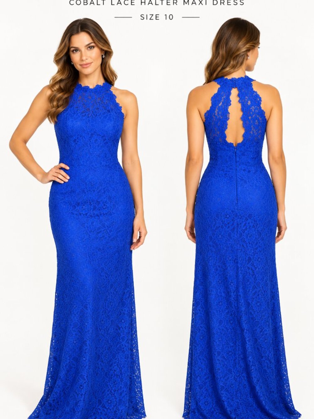 COLOUR KENNETH WINSTON COBALT BLUE LACE HALTER MAXI DRESS SIZE 10